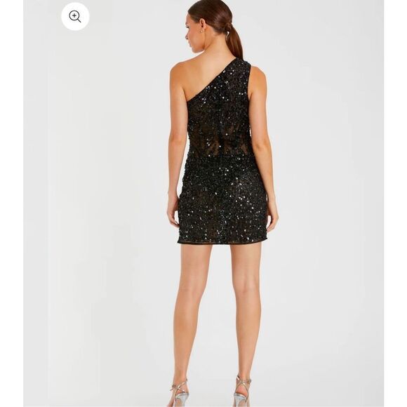 MAC DUGGAL Black One Shoulder Sheer Hand Beaded Mini Dress size 6 NWT - Picture 3 of 9